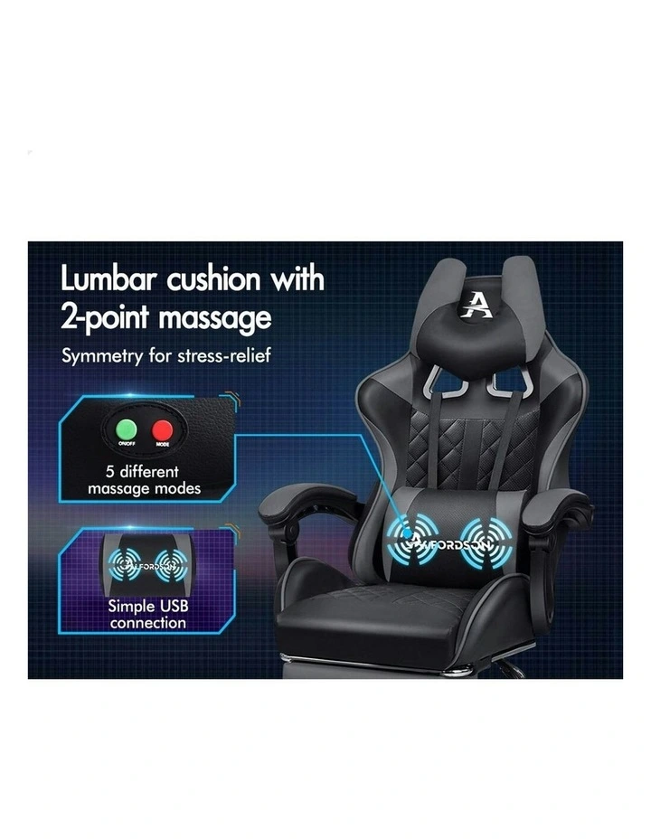 PU Leather Gaming Chair With Footrest in Grey image 4