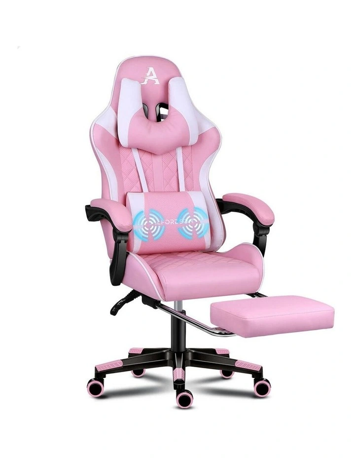 PU Leather Gaming Chair With Footrest in Pink image 1
