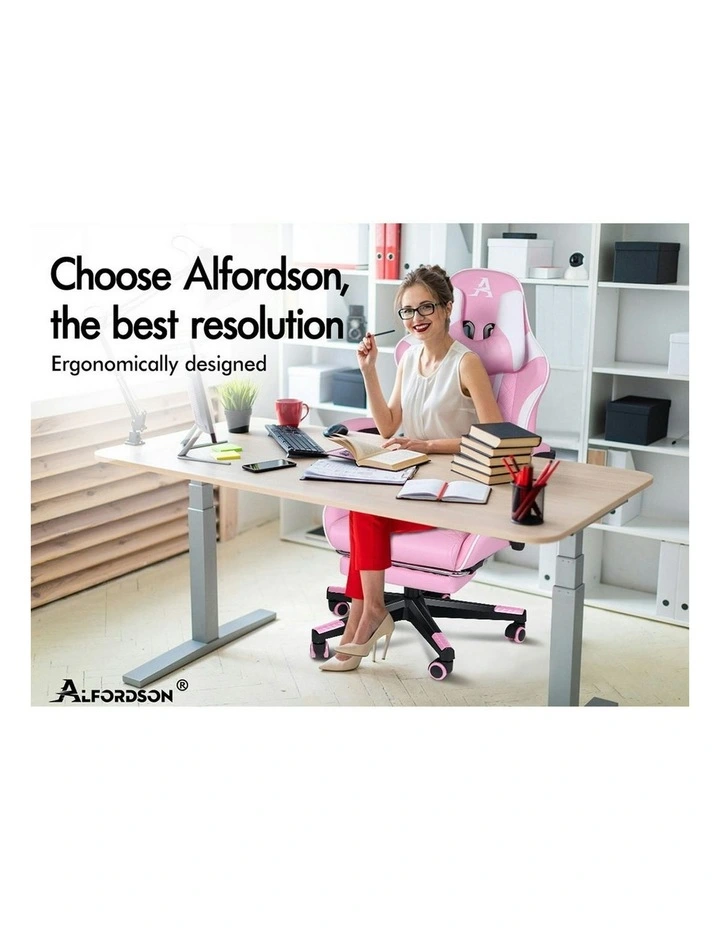 PU Leather Gaming Chair With Footrest in Pink image 2