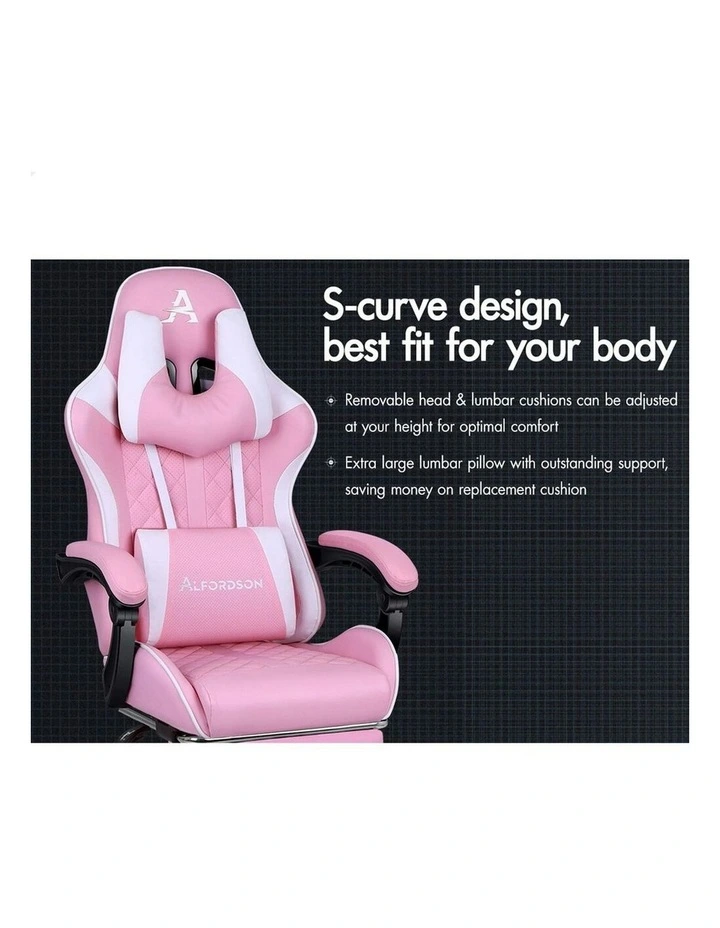 PU Leather Gaming Chair With Footrest in Pink image 3