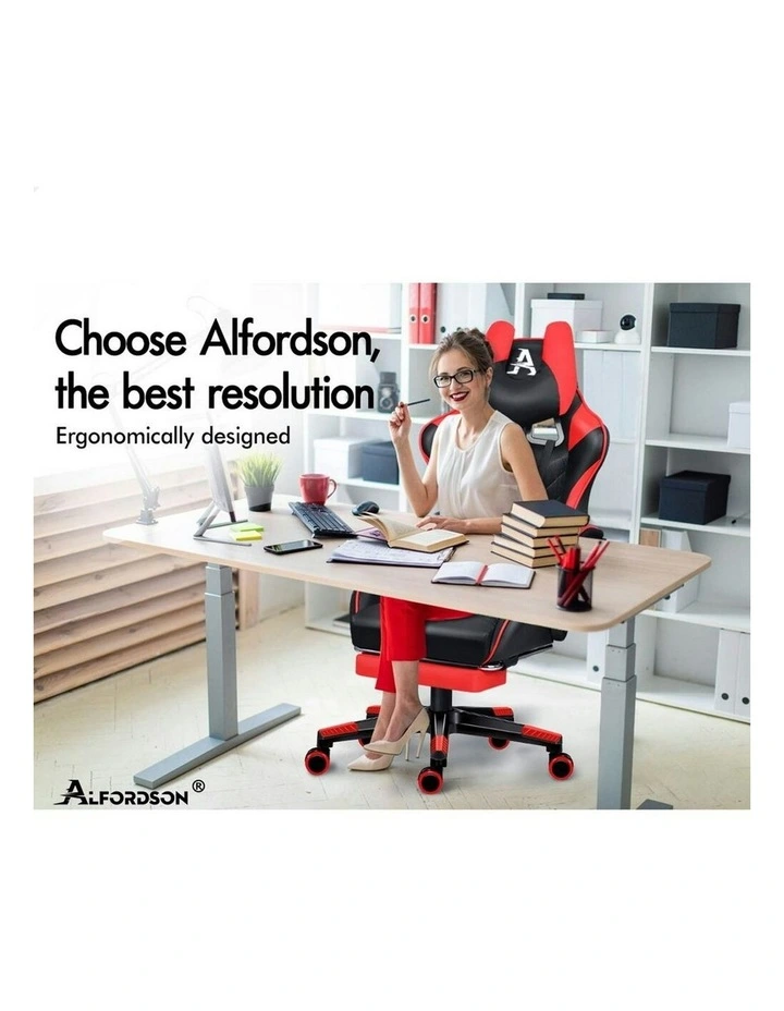 PU Leather Gaming Chair With Footrest in Red image 2