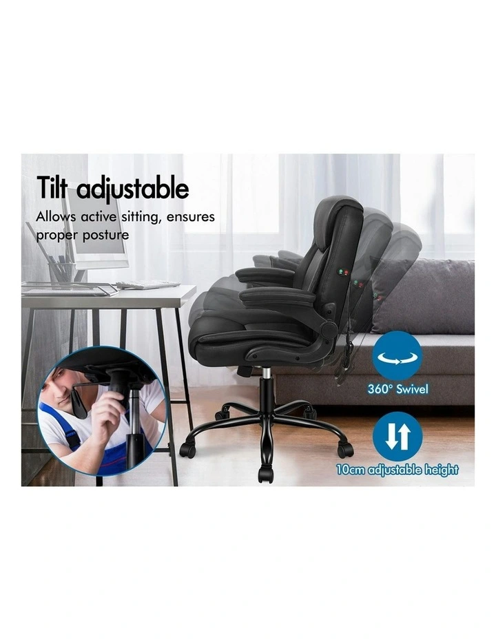 Flip-up Aramrest PU Leather Massage Office Chair in Black image 4