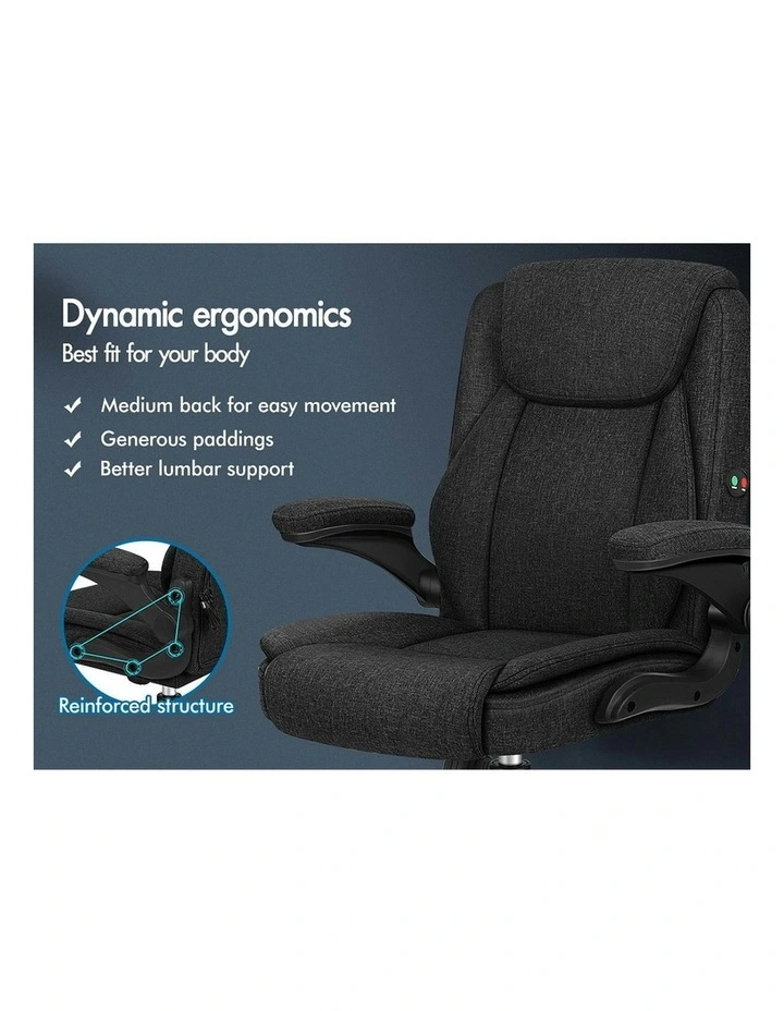 Flip-up Aramrest Linen Massage Office Chair in Fabric Black image 2