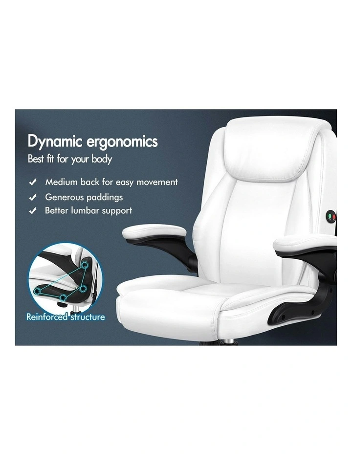Flip-Up Aramrest PU Leather Massage Office Chair in White image 2