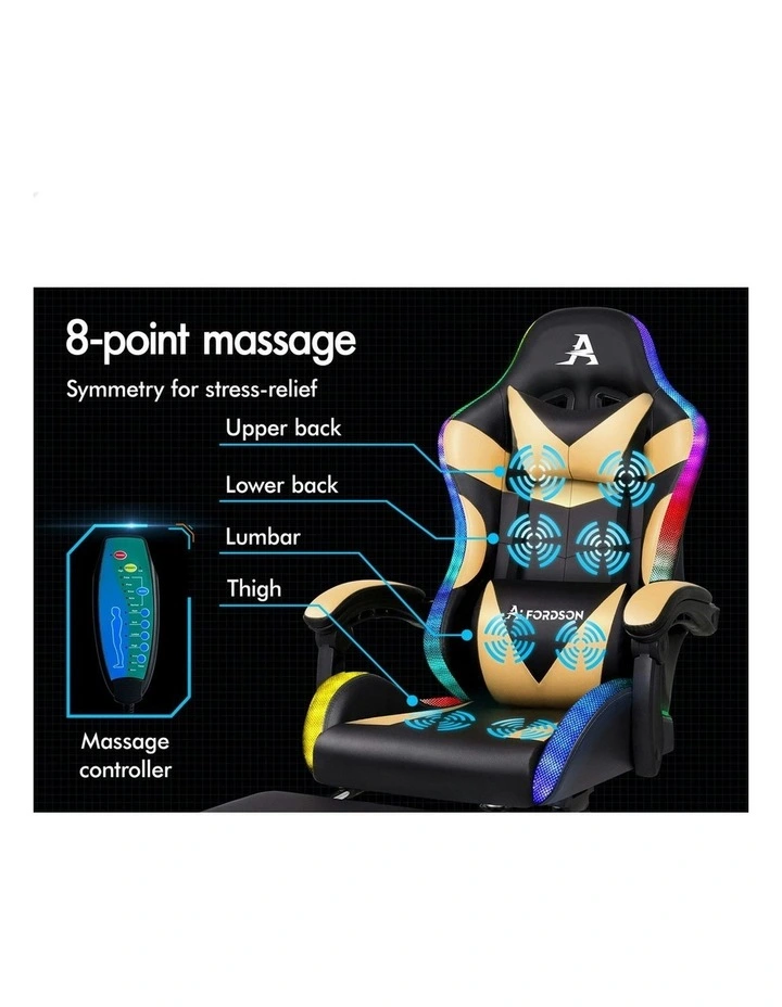 12 RGB LED PU Leather Office Massage Gaming Chair in Gold image 2