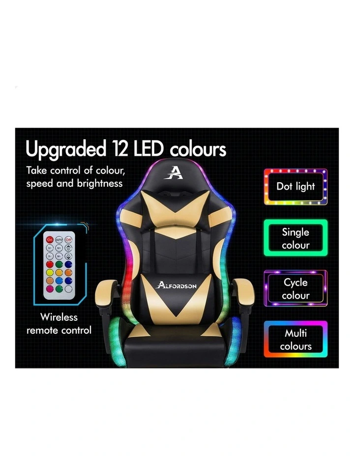 12 RGB LED PU Leather Office Massage Gaming Chair in Gold image 3