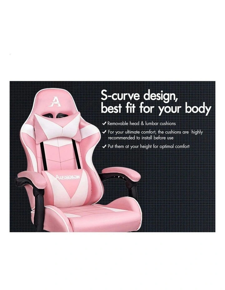 Gaming Chair with Lumbar Massage Office Chair in Pink/White image 2