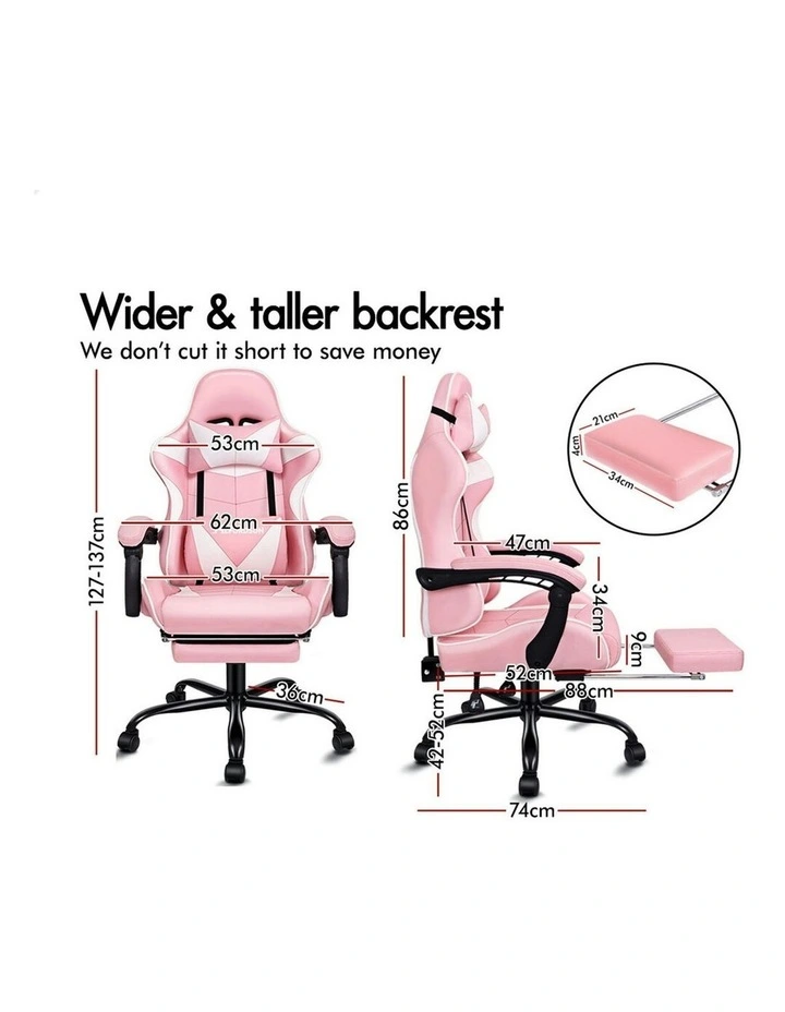 Gaming Chair with Lumbar Massage Office Chair in Pink/White image 6