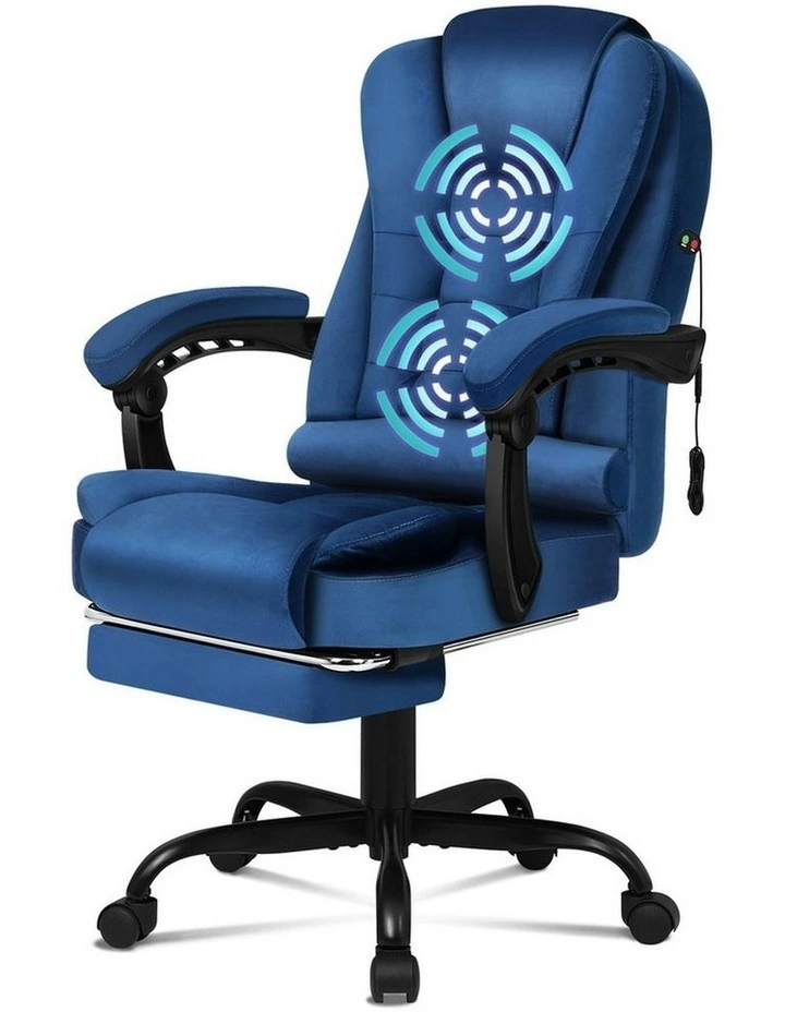 Footrest Executive Velvet Massage Office Chair in Blue image 1