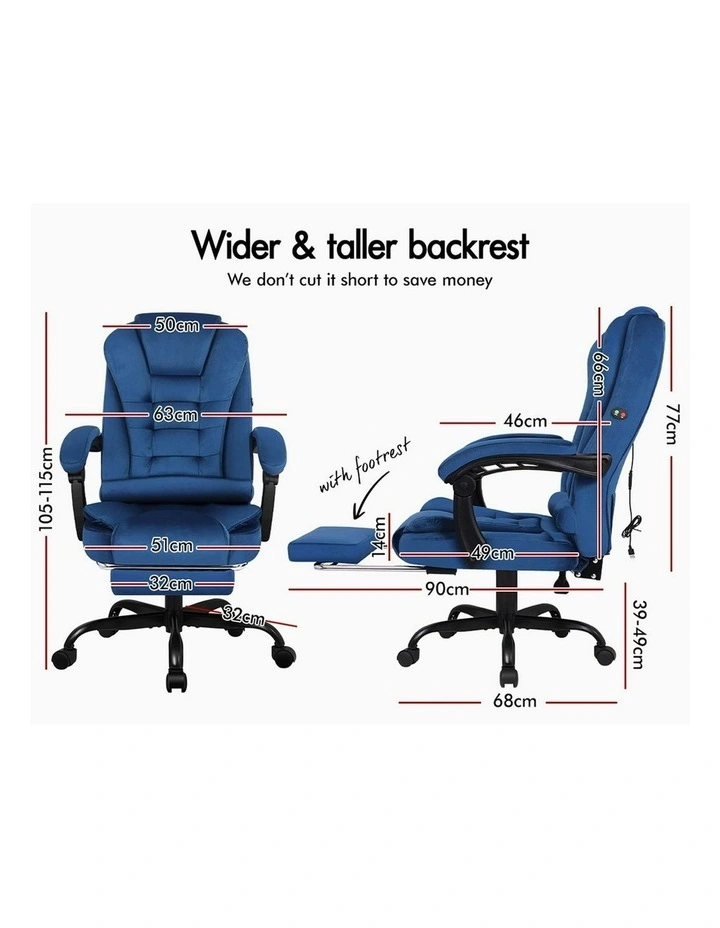 Footrest Executive Velvet Massage Office Chair in Blue image 6