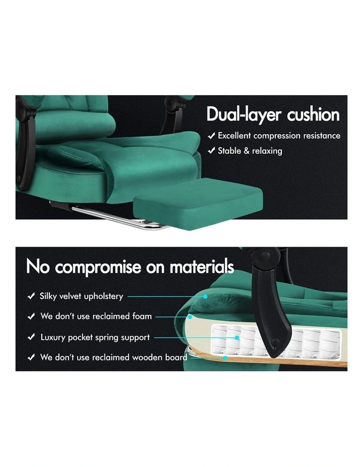 Footrest Executive Velvet Massage Office Chair in Green image 4