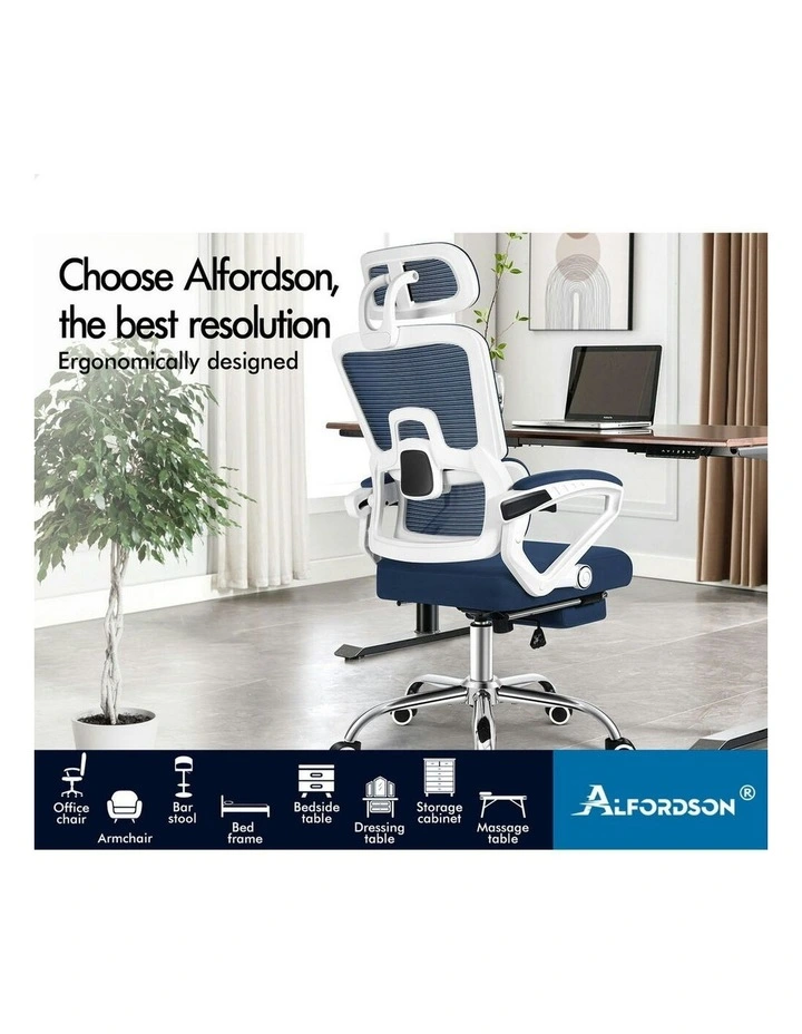 Mesh Office Chair Ergonomic Executive Computer Recliner in White & Blue image 2