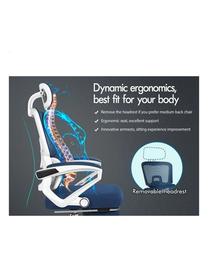 Mesh Office Chair Ergonomic Executive Computer Recliner in White & Blue image 3