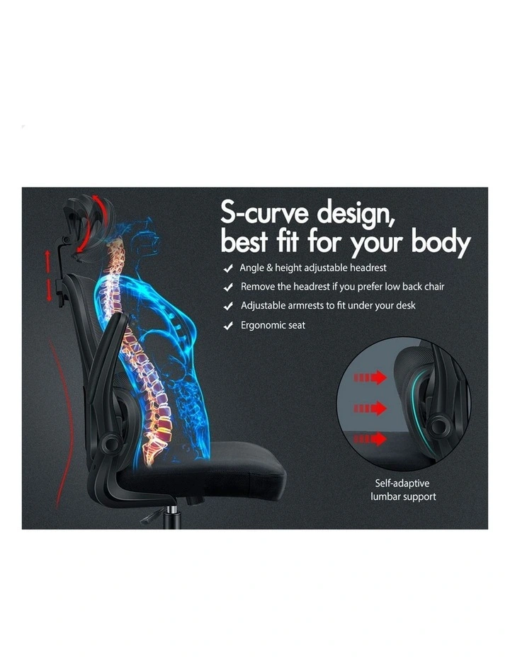 Headrest Adjustable Mesh Office Chair with Flip-up Arms All in Black image 2