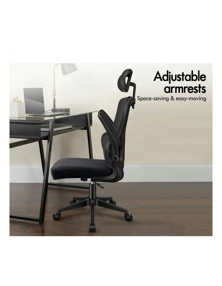 Headrest Adjustable Mesh Office Chair with Flip-up Arms All in Black image 3