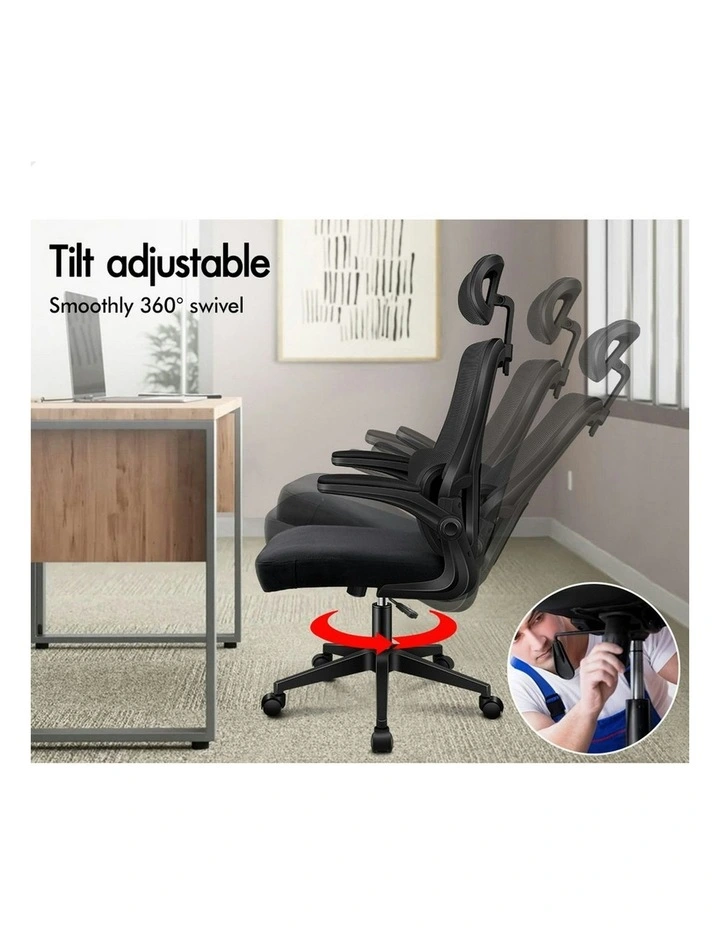 Headrest Adjustable Mesh Office Chair with Flip-up Arms All in Black image 4