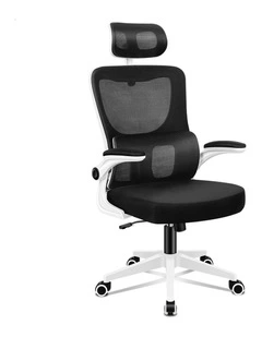 Headrest Adjustable Mesh Office Chair with Flip-up Arms in White Black