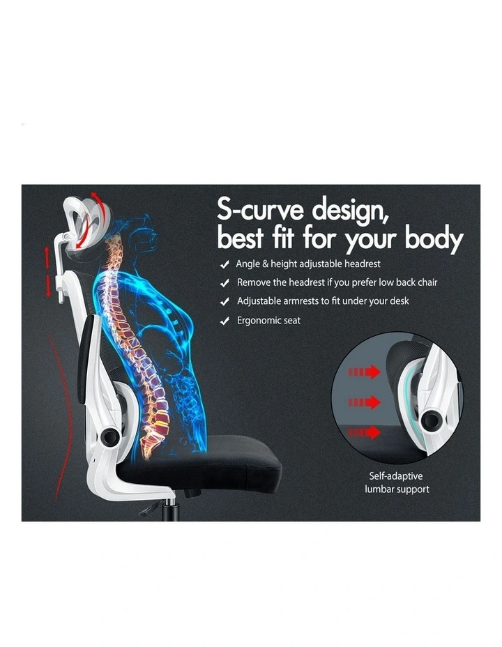 Headrest Adjustable Mesh Office Chair with Flip-up Arms in White Black image 2
