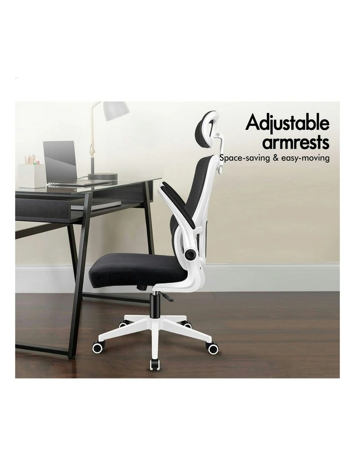 Headrest Adjustable Mesh Office Chair with Flip-up Arms in White Black image 3
