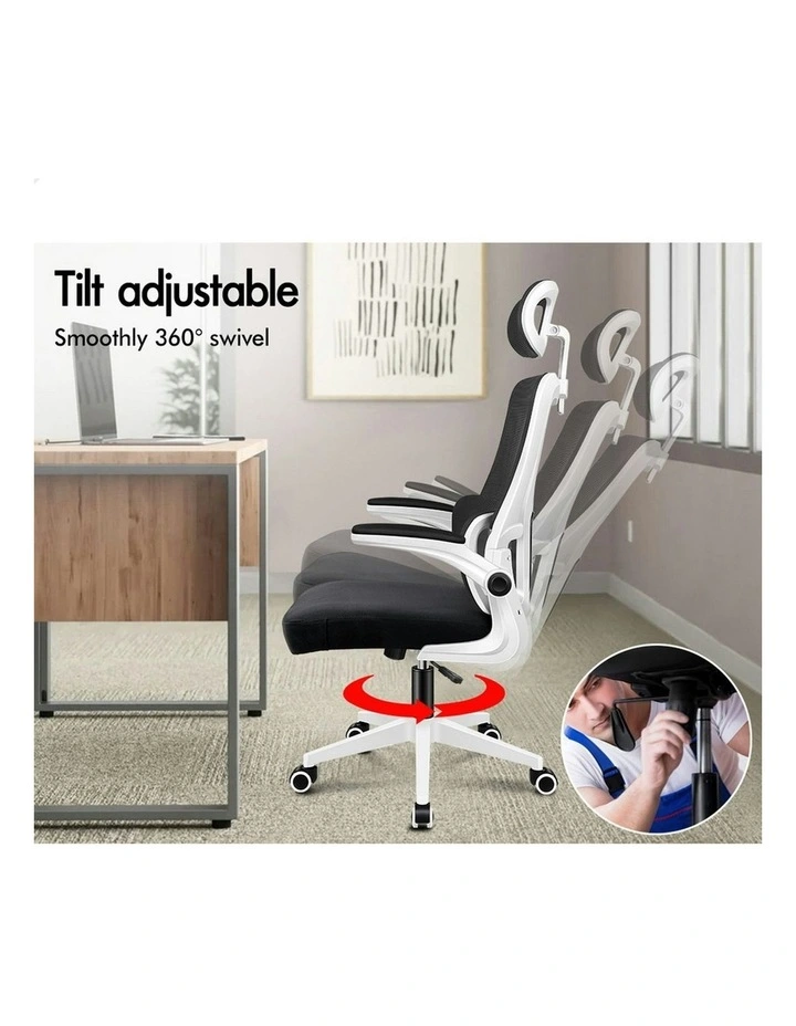 Headrest Adjustable Mesh Office Chair with Flip-up Arms in White Black image 4