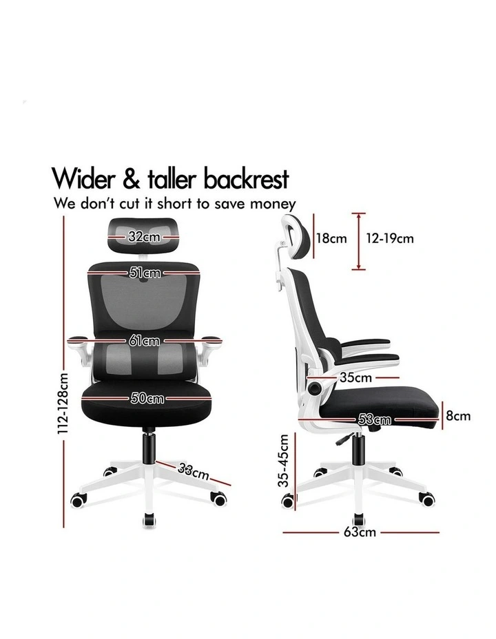 Headrest Adjustable Mesh Office Chair with Flip-up Arms in White Black image 7