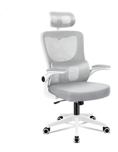 Headrest Adjustable Mesh Office Chair with Flip-up Arms in White Grey