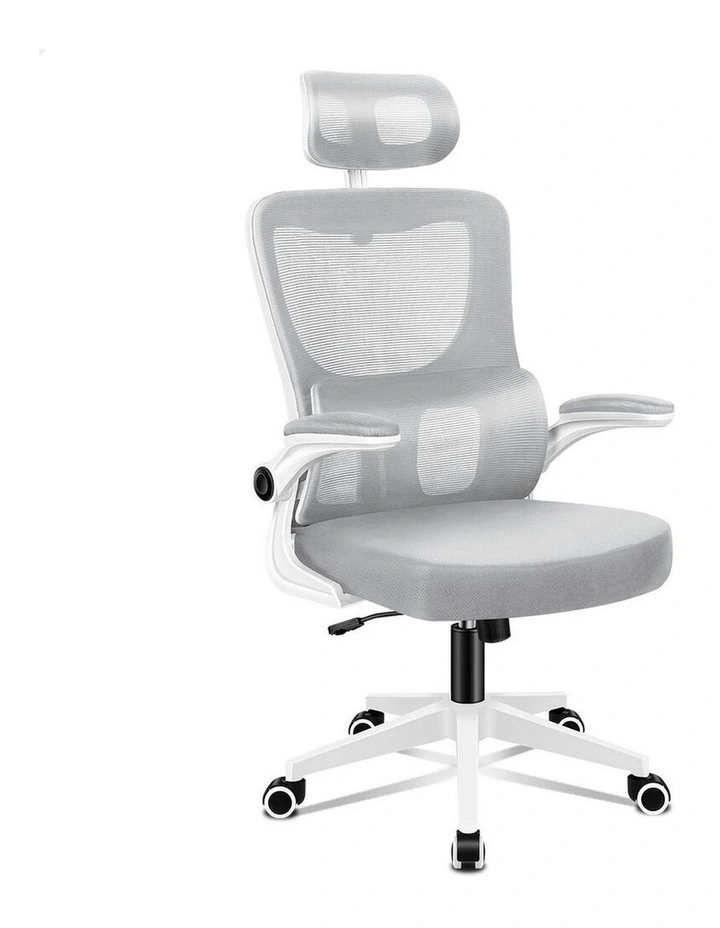 Headrest Adjustable Mesh Office Chair with Flip-up Arms in White Grey image 1