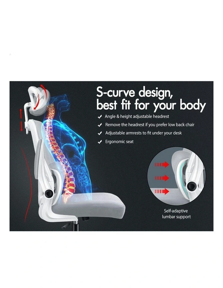 Headrest Adjustable Mesh Office Chair with Flip-up Arms in White Grey image 2
