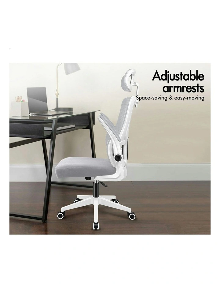 Headrest Adjustable Mesh Office Chair with Flip-up Arms in White Grey image 3
