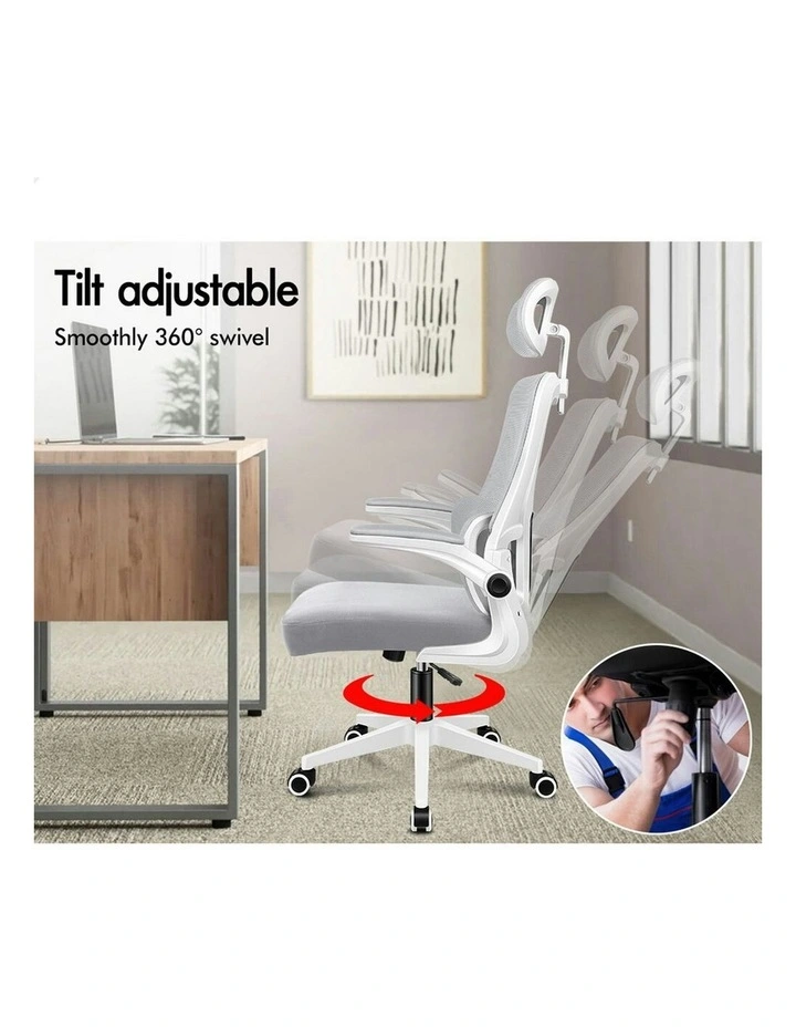 Headrest Adjustable Mesh Office Chair with Flip-up Arms in White Grey image 4