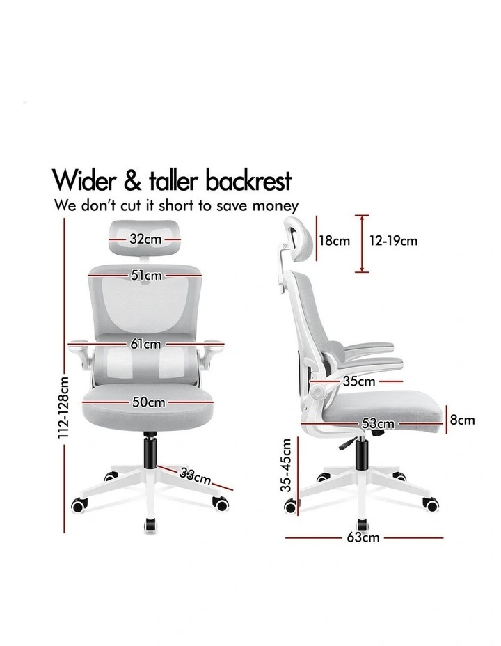 Headrest Adjustable Mesh Office Chair with Flip-up Arms in White Grey image 7