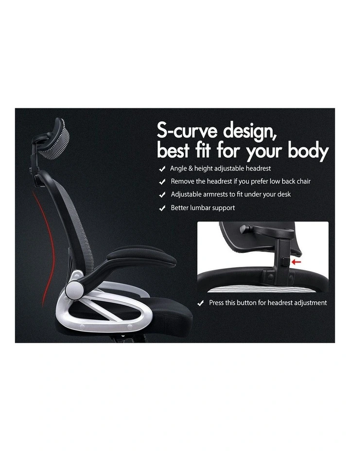 Ergonomic Executive Mesh Office Chair with Flip-up Arms in Black Grey image 2