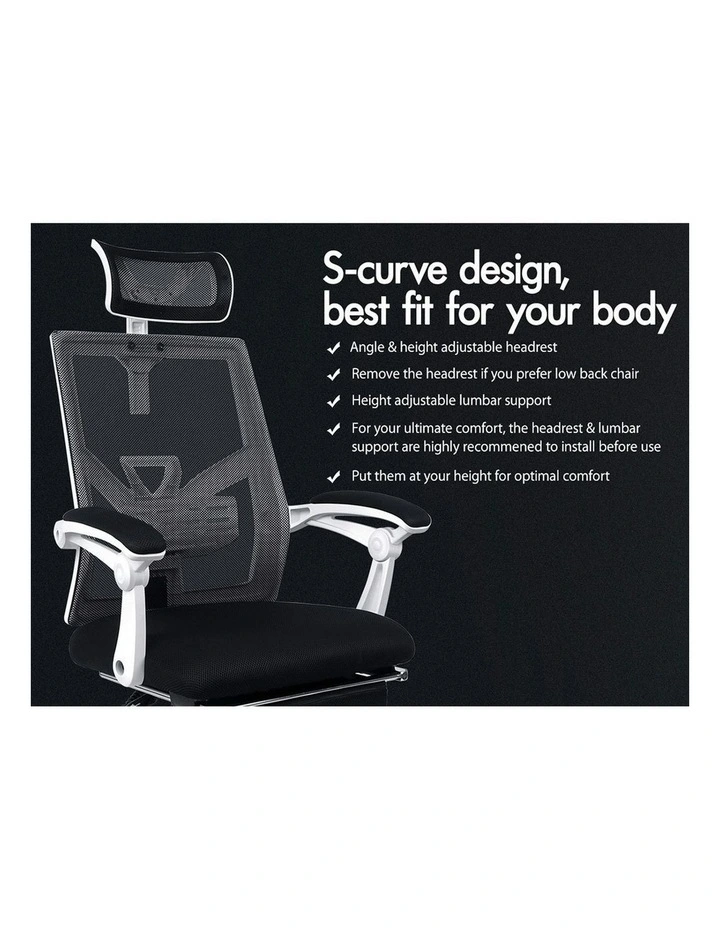 Lumbar Adjustable Recline Mesh Office Chair with Footrest in Black White image 2