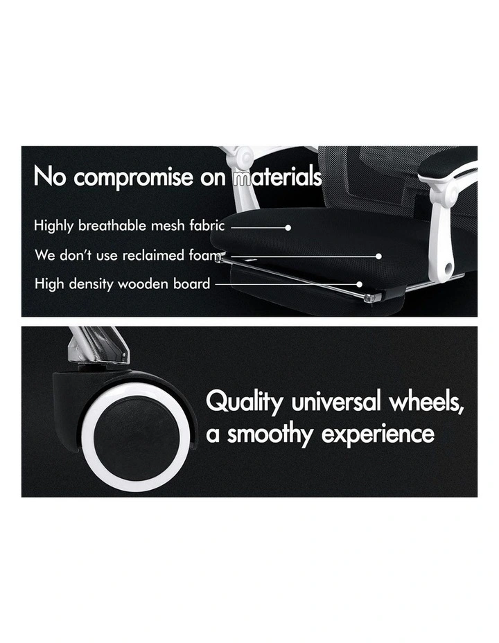 Lumbar Adjustable Recline Mesh Office Chair with Footrest in Black White image 3