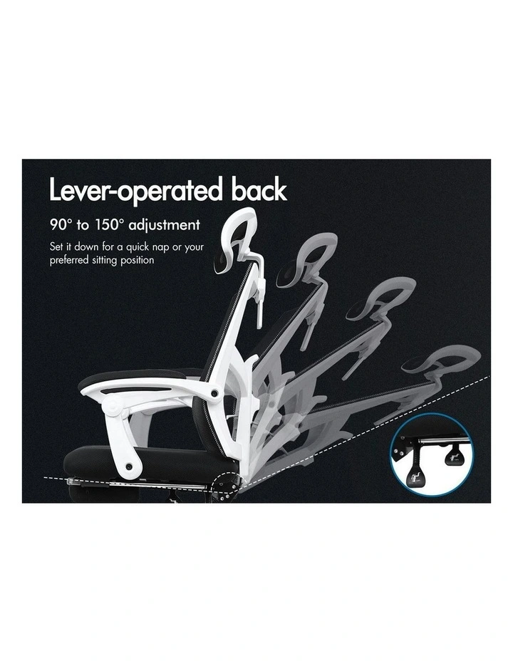 Lumbar Adjustable Recline Mesh Office Chair with Footrest in Black White image 6