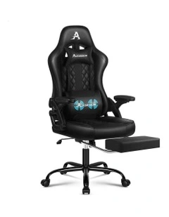 Massage Computer Footrest Leather Gaming Office Chair in All Black