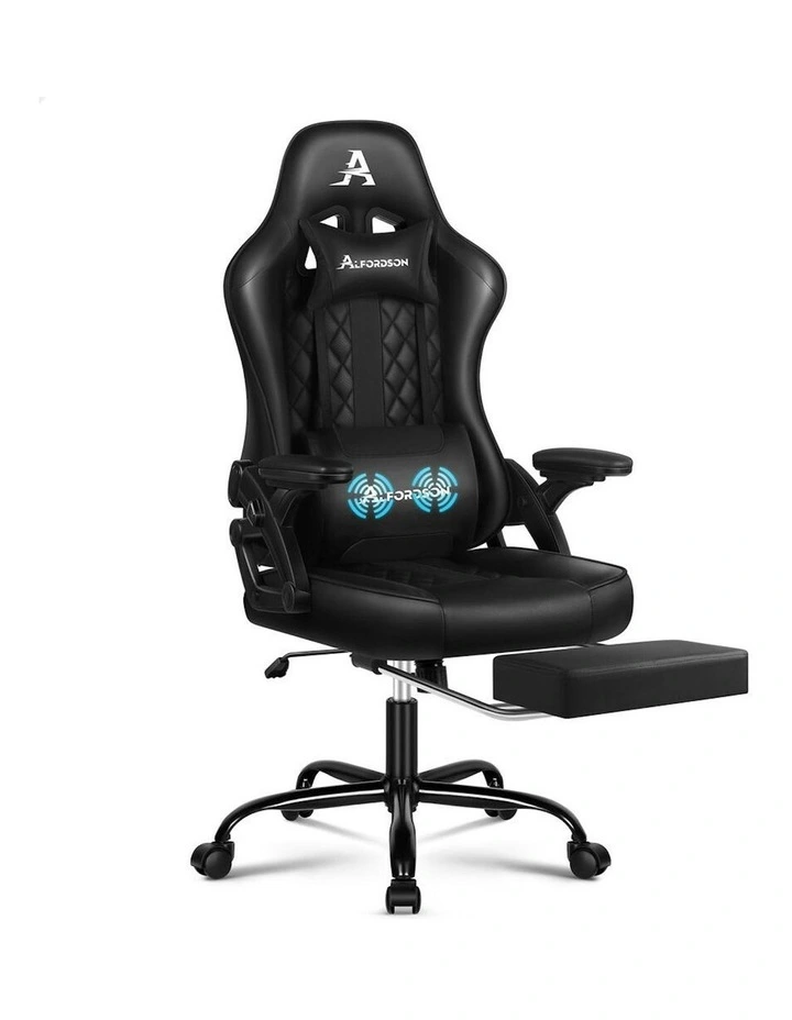 Massage Computer Footrest Leather Gaming Office Chair in All Black image 1