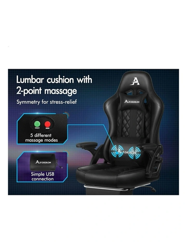 Massage Computer Footrest Leather Gaming Office Chair in All Black image 3