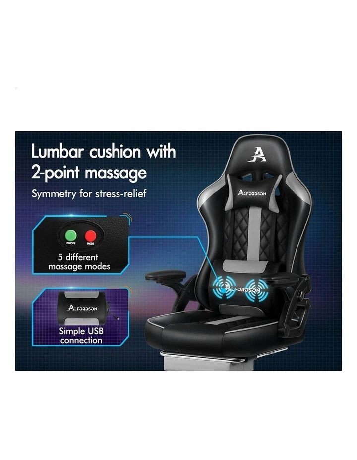 Massage Computer Footrest Leather Gaming Office Chair in Grey image 3