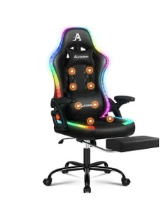 Office Massage 12 RGB LED Computer Seat Leather Gaming Chair in All Black