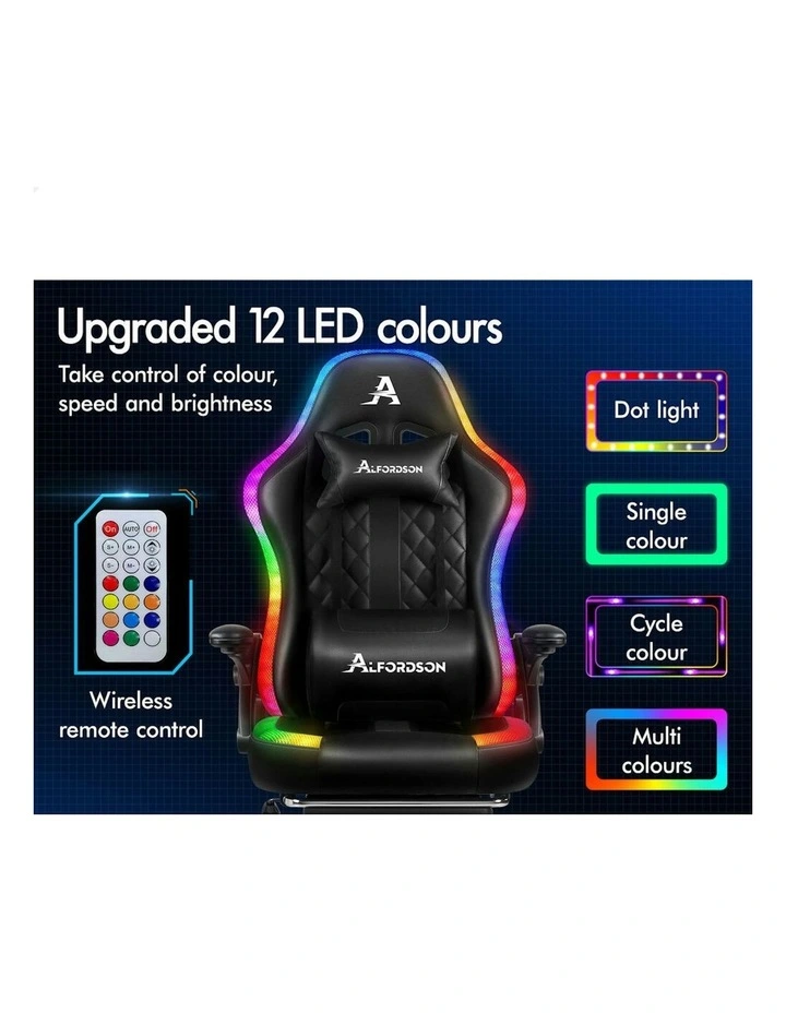 Office Massage 12 RGB LED Computer Seat Leather Gaming Chair in All Black image 4