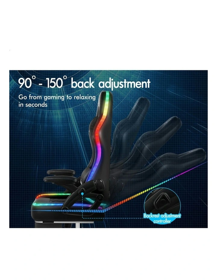 Office Massage 12 RGB LED Computer Seat Leather Gaming Chair in All Black image 7