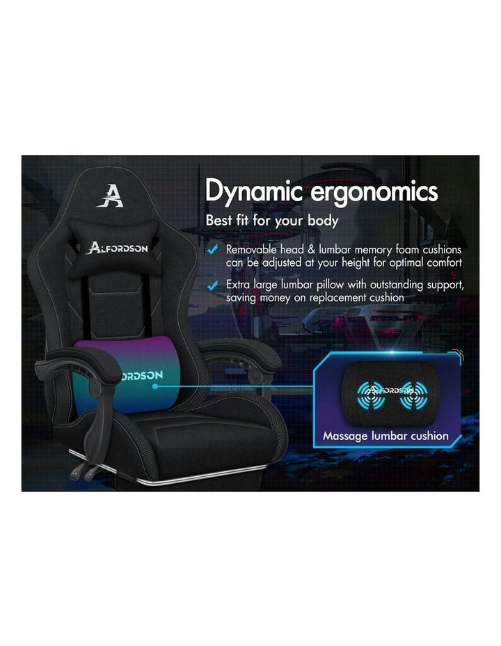 Office Massage 12 RGB LED Computer Seat Fabric Gaming Chair in Black image 2