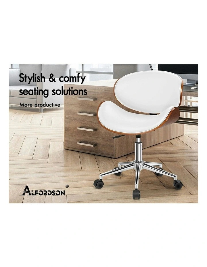 Wooden Leather Seat Office Chair in Aria White image 2