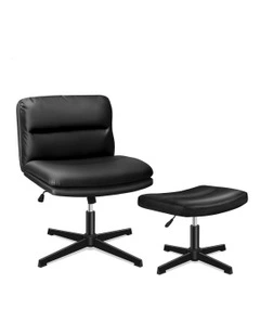 Computer Cross-legged Seat Work Ottoman PU Leather Office Chair in Black