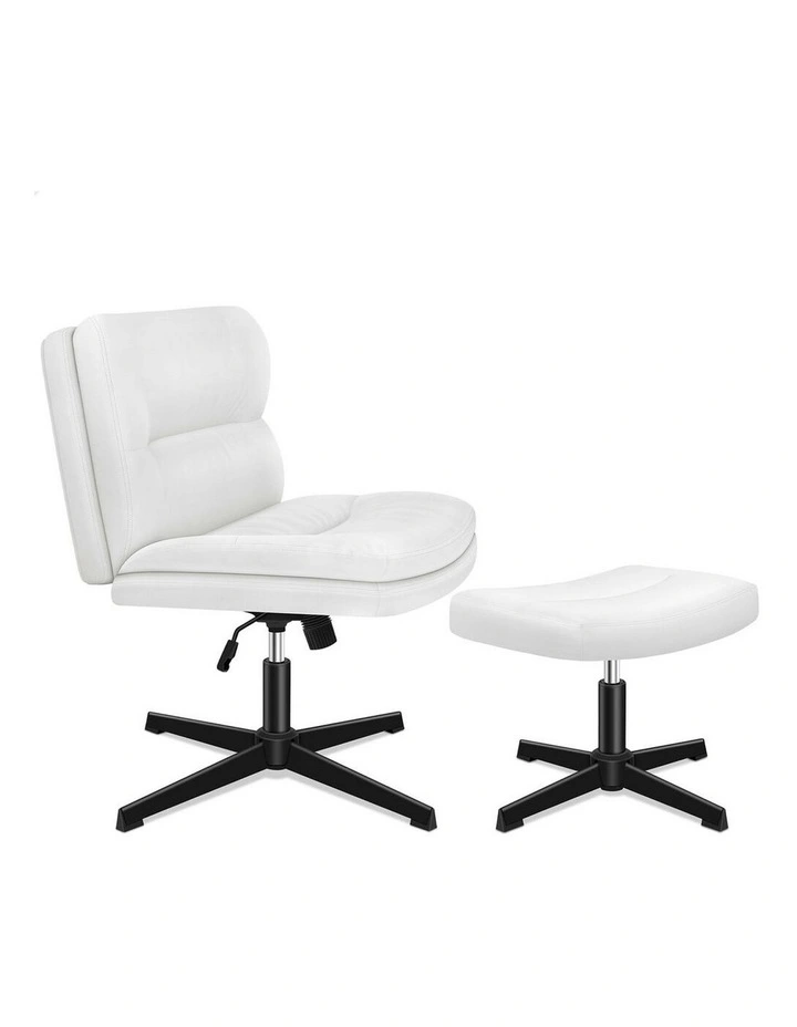 Computer Cross-legged Seat Work Ottoman PU Leather Office Chair in White image 1