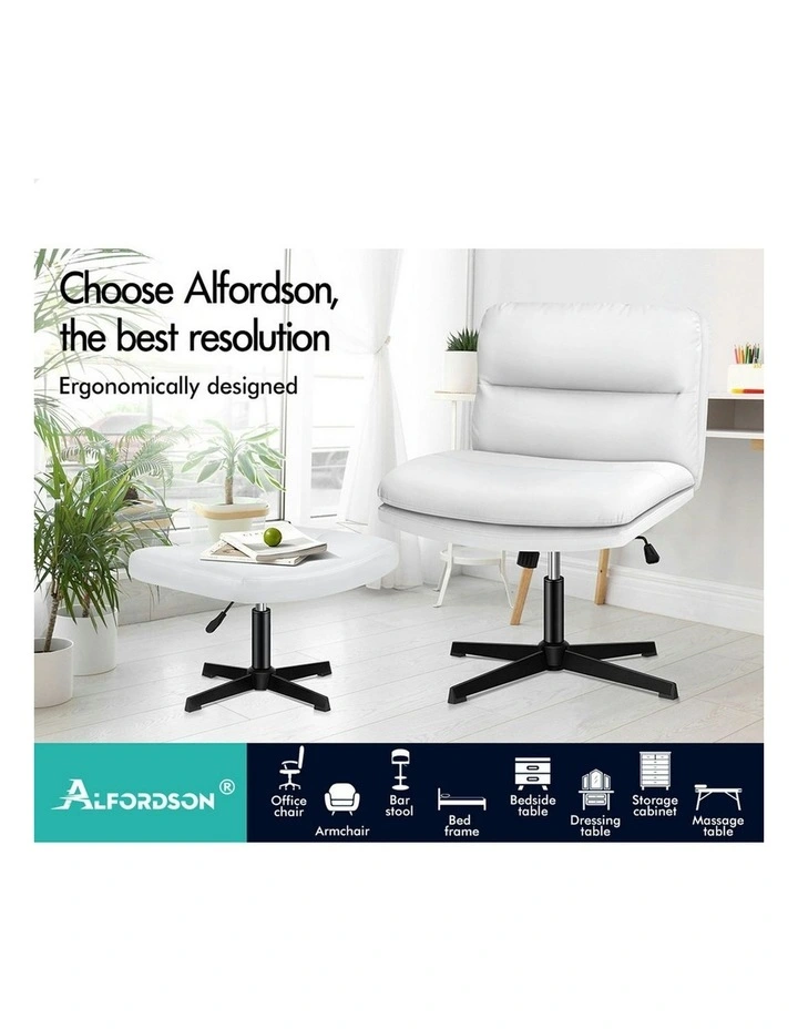 Computer Cross-legged Seat Work Ottoman PU Leather Office Chair in White image 2