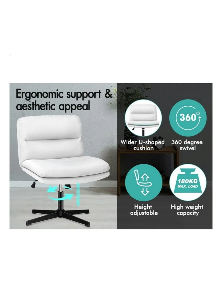 Computer Cross-legged Seat Work Ottoman PU Leather Office Chair in White image 3