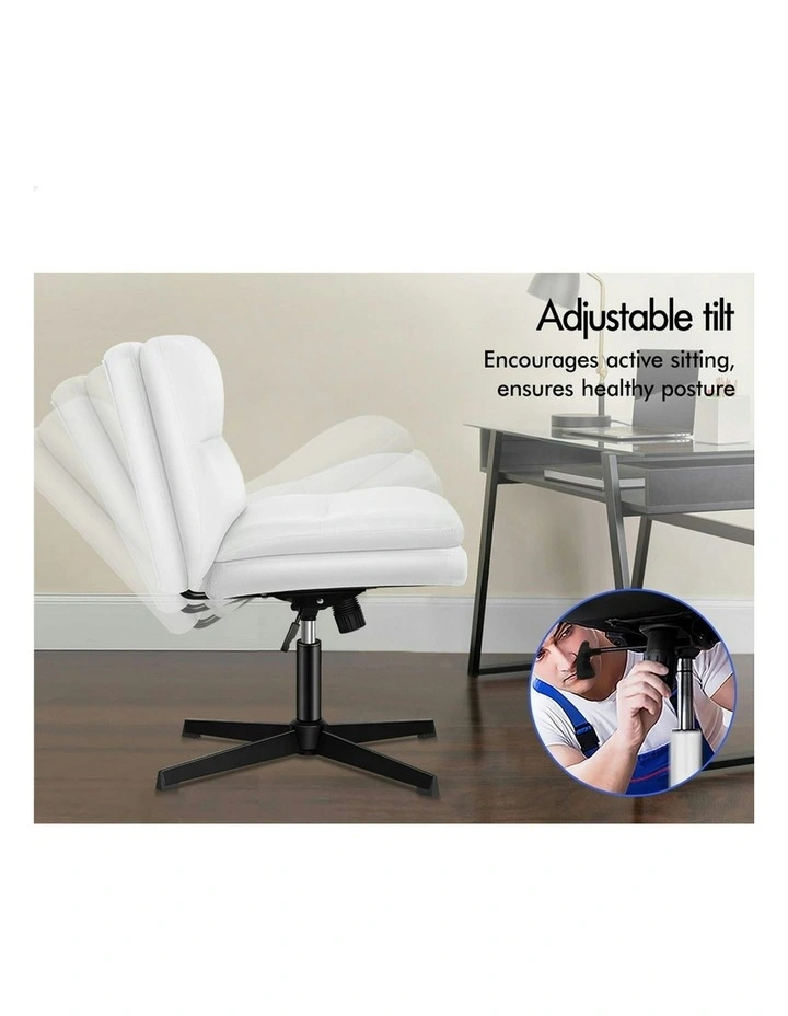 Computer Cross-legged Seat Work Ottoman PU Leather Office Chair in White image 4
