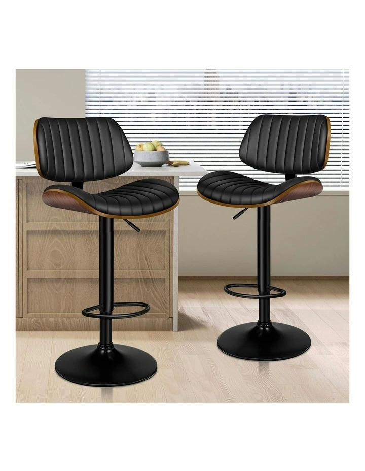 Wooden Leather Gas Lift Kitchen Swivel Bar Stool 1x in Black image 2